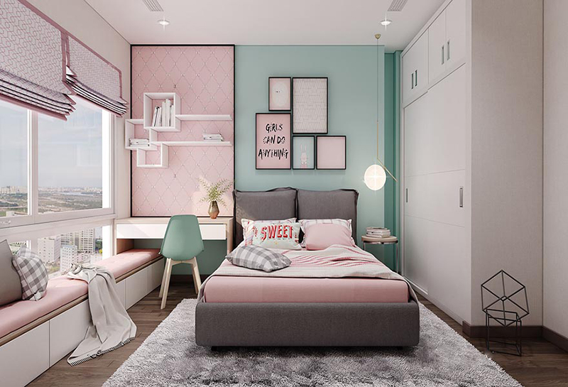 Phòng ngủ bé gái với sự kết hợp hài hòa của 3 màu sắc: trắng, hồng, xanh