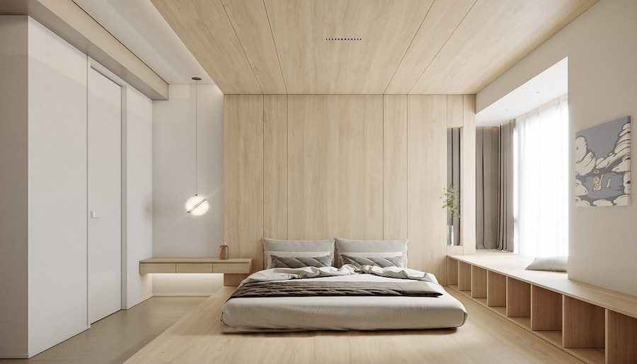 Thiết kế phòng ngủ tối giản sử dụng gỗ công nghiệp hiện đại