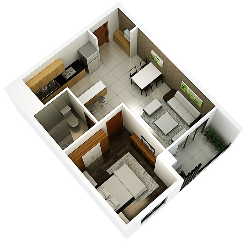 Bản vẽ 3D căn hộ 1 phòng ngủ chung cư Hado Centrosa Garden