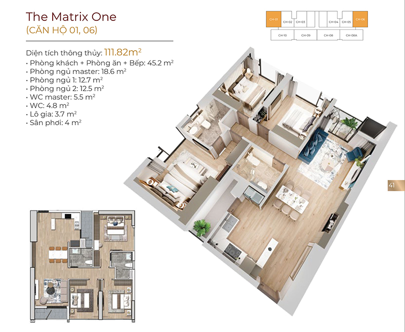 Bản vẽ mặt bằng nội thất 3D căn hộ dự án The Matric One với phòng khách liền bếp