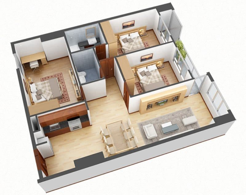 Bản vẽ 3D nội thất căn hộ 3 phòng ngủ chung cư Vinhomes Grand Park