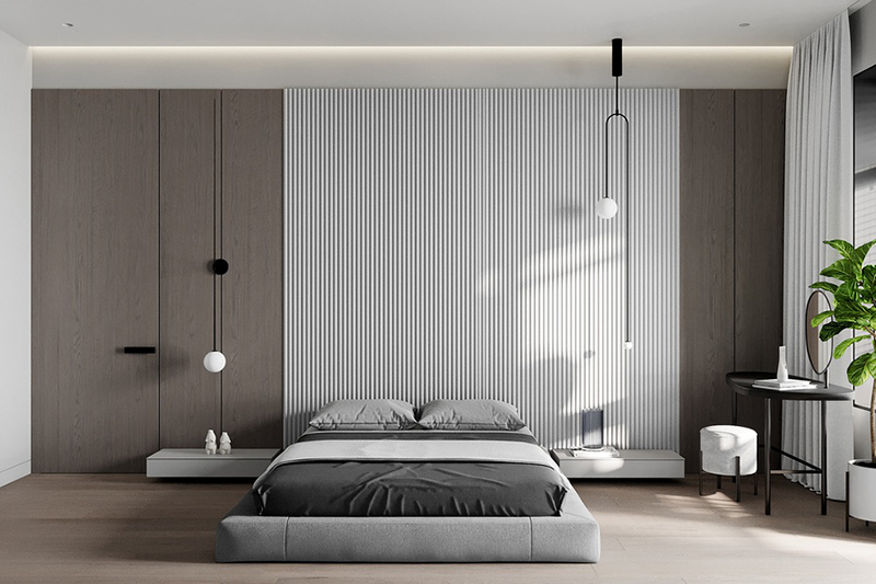 Thiết kế phòng ngủ tối giản với tone màu xám nhẹ nhàng