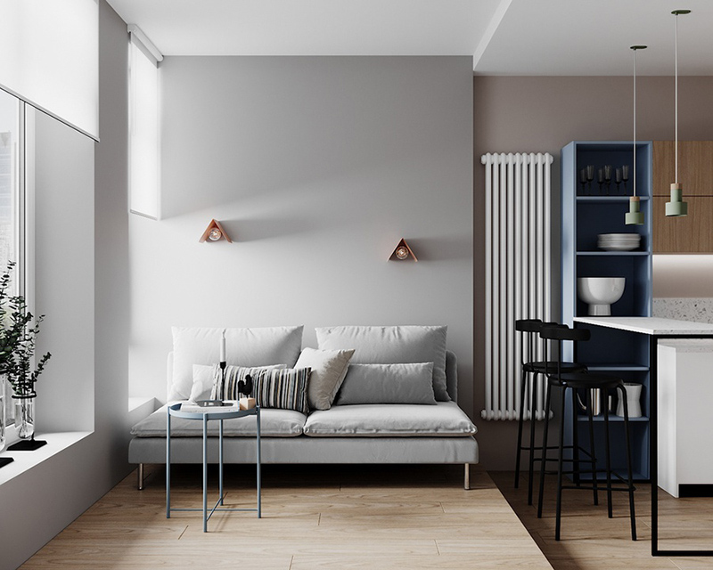 Thiết kế phòng khách chung cư tối giản với ghế sofa và bàn trà nhẹ nhàng