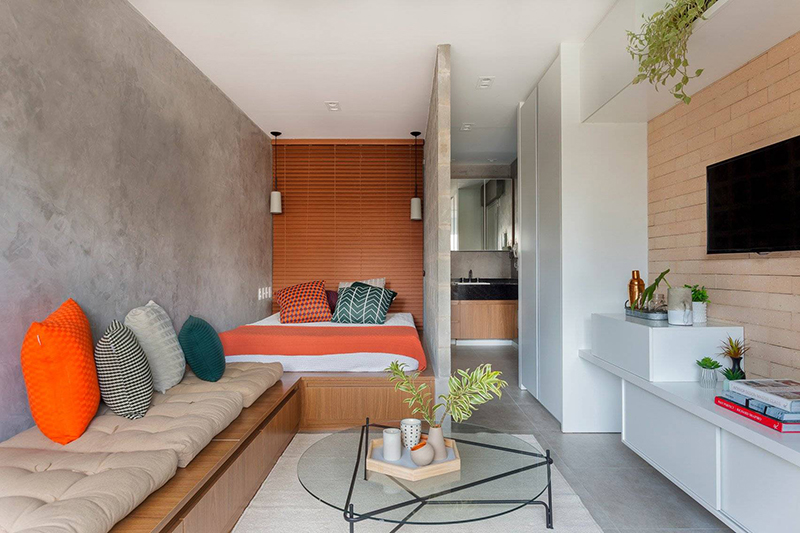 Không gian căn hộ nhỏ với phòng khách kết hợp giường ngủ