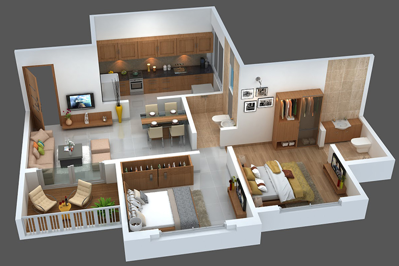 Bản vẽ 3D nội thất căn hộ 65m2 2 phòng ngủ sang trọng