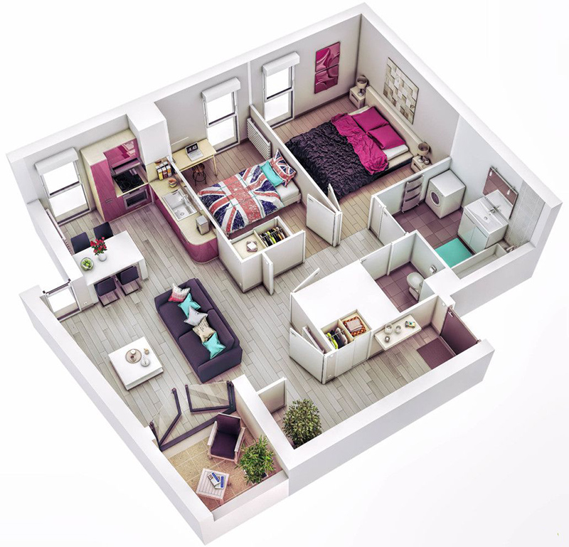 Bản vẽ 3D căn hộ 65m2 2 phòng ngủ