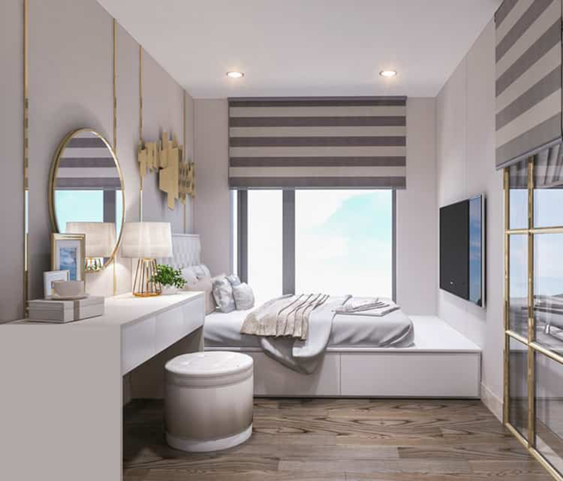 Thiết kế phòng ngủ chung cư 70m2 với cửa sổ kính giúp mở rộng không gian