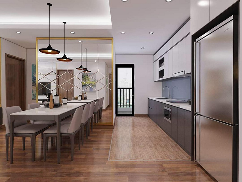 Thiết kế phòng bếp chung cư 90m2 đơn giản, hiện đại
