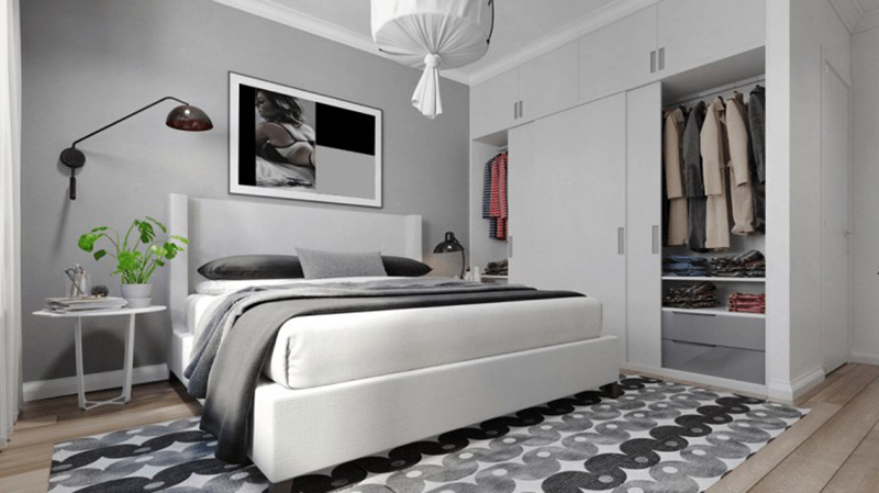 Phòng ngủ thiết kế đơn giản với tone màu trắng xám hiện đại