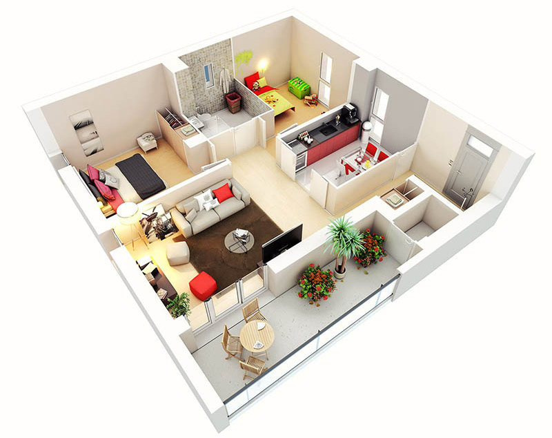 Thiết kế căn hộ chung cư 55m2 2 phòng ngủ