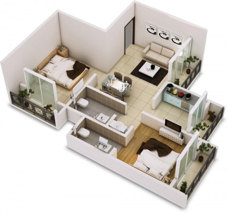 Mẫu căn hộ 55m2 2 phòng ngủ đơn giản