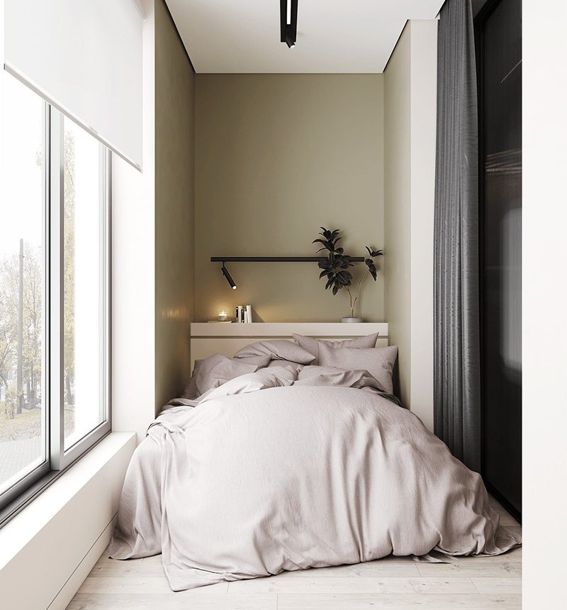 Phòng ngủ nhỏ thiết kế cửa kính giúp mở rộng thêm không gian