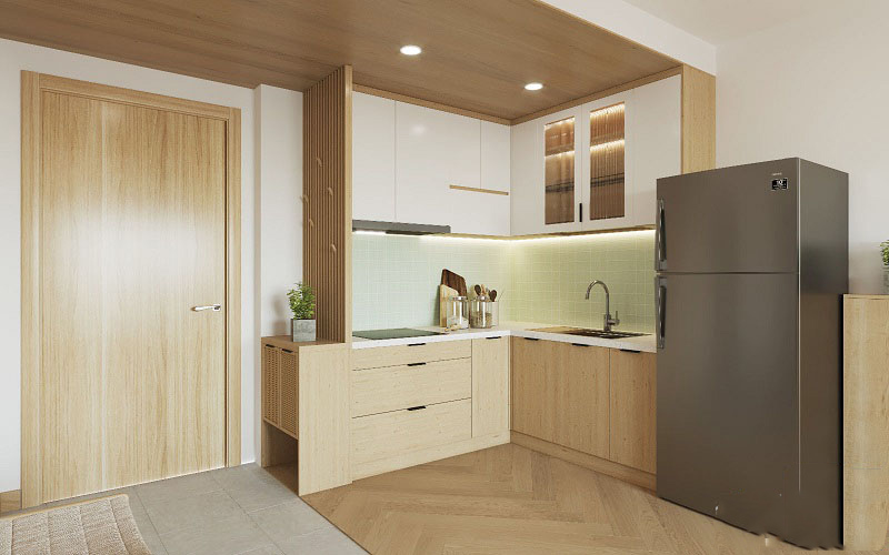 Thiết kế tủ bếp chung cư 63m2 với nội thất gỗ