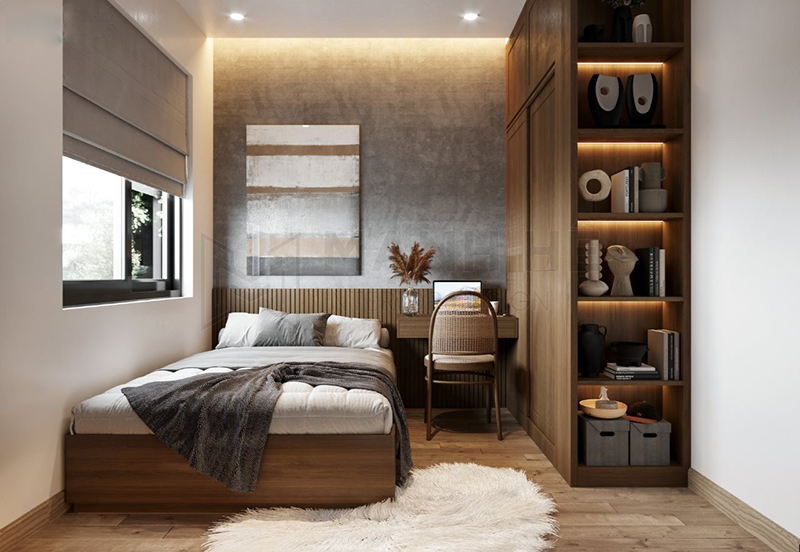 Phòng ngủ 14m2 sử dụng gỗ tự nhiên sang trọng