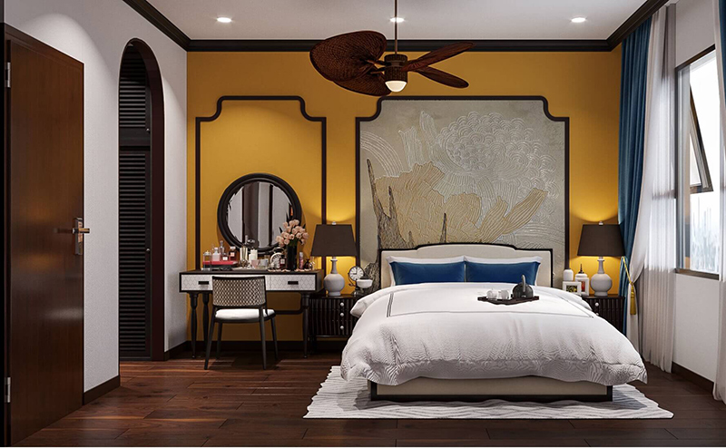 Phối màu nâu - vàng tạo sự thu hút cho không gian phòng ngủ 12m2