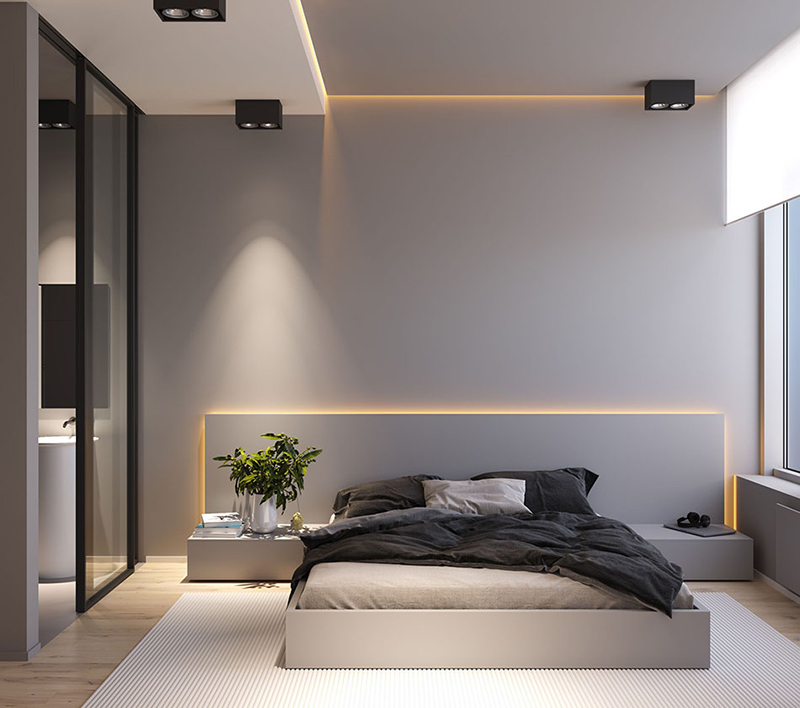 Thiết kế nội thất phòng ngủ 13m2 phong cách tối giản với màu đơn sắc nhã nhặn, tinh tế