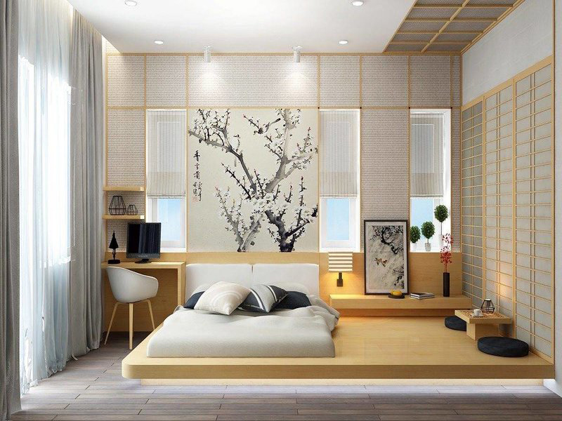 Mẫu giường trệt phổ biến trong các thiết kế phòng ngủ 16m2 kiểu Nhật