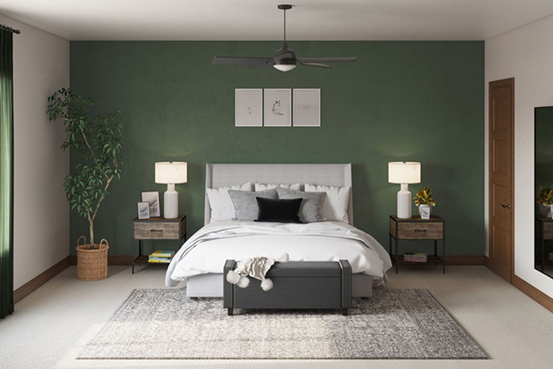 Mảng tường xanh tạo điểm nhấn cho không gian phòng ngủ tối giản rộng 16m2