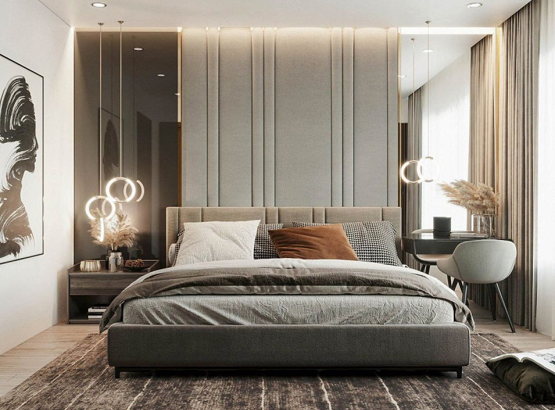 Phòng ngủ 20m2 phong cách hiện đại với gam màu chủ đạo là màu xám 