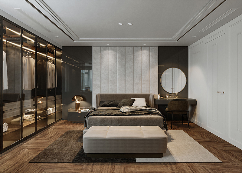 Không gian phòng ngủ 30m2 phối màu trung tính kết hợp vật liệu nội thất hiện đại