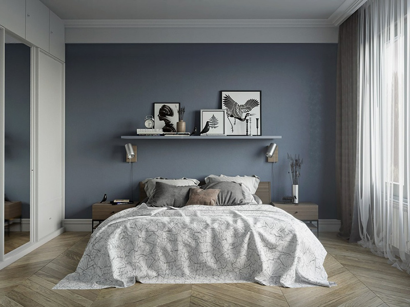 phòng ngủ màu xám xanh
