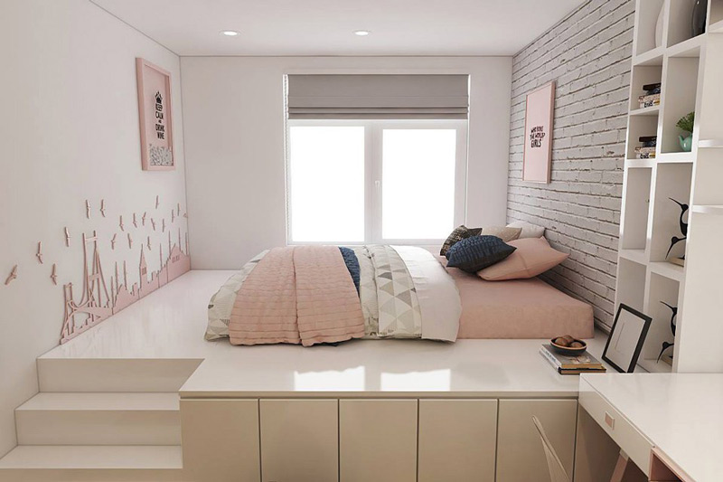 Mẫu giường ngủ dạng bục gỗ công nghiệp phủ Acrylic bền đẹp 