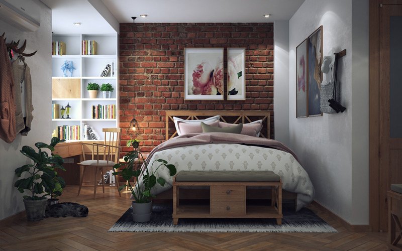 Mẫu phòng ngủ vintage cho nữ độc đáo với tường gạch thô