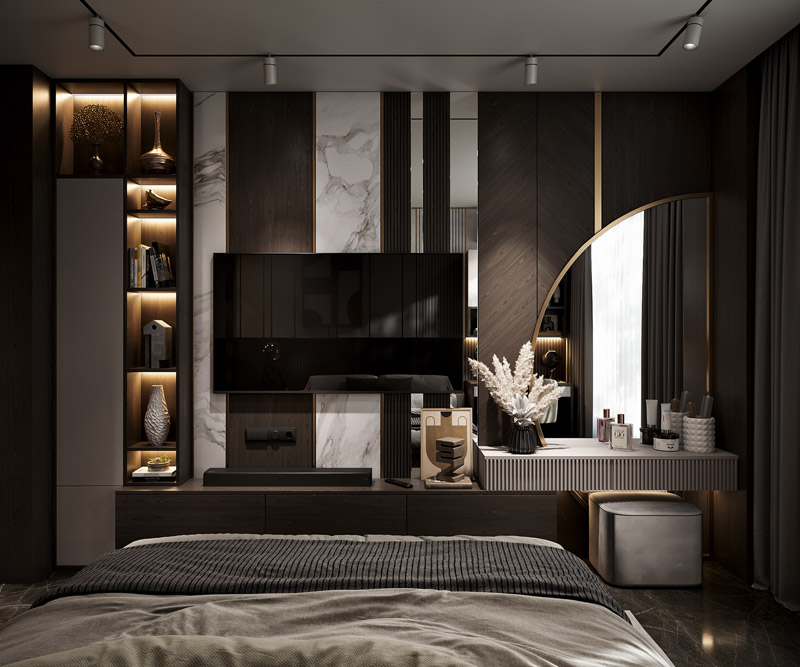 Lựa chọn màu sắc kệ tivi phòng ngủ phù hợp với tổng thể căn phòng 