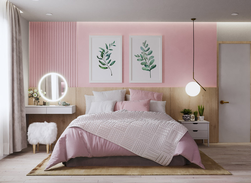 Phòng ngủ cho con gái lớn màu hồng 