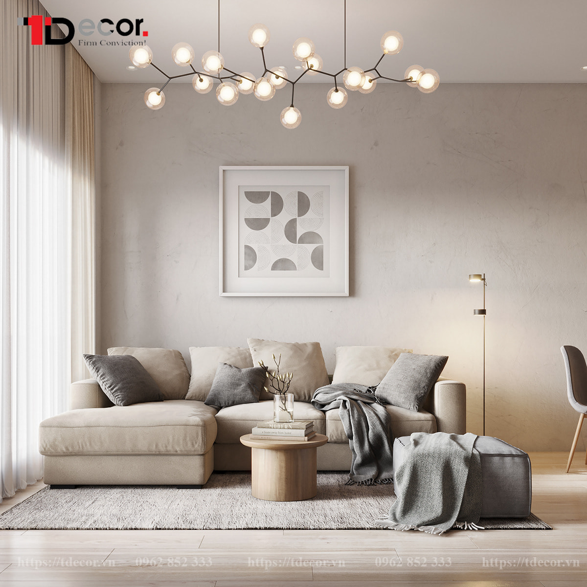 Mẫu 2: Trang trí phòng khách 12m2 với gam màu trung tính