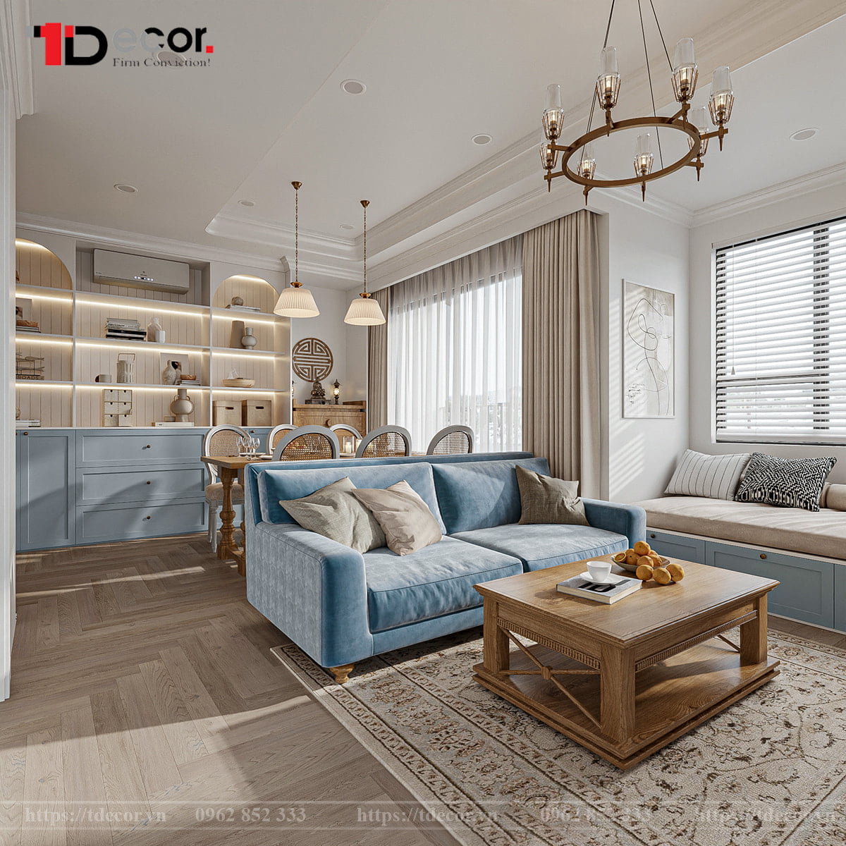 Mẫu 6: Trang trí phòng khách 12m2 với gam màu xanh