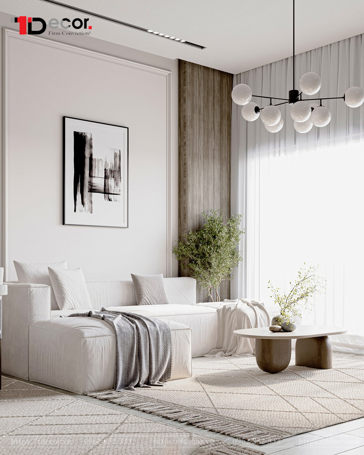 Thiết kế phòng khách 20m2 hiện đại, tinh tế với tông màu trắng