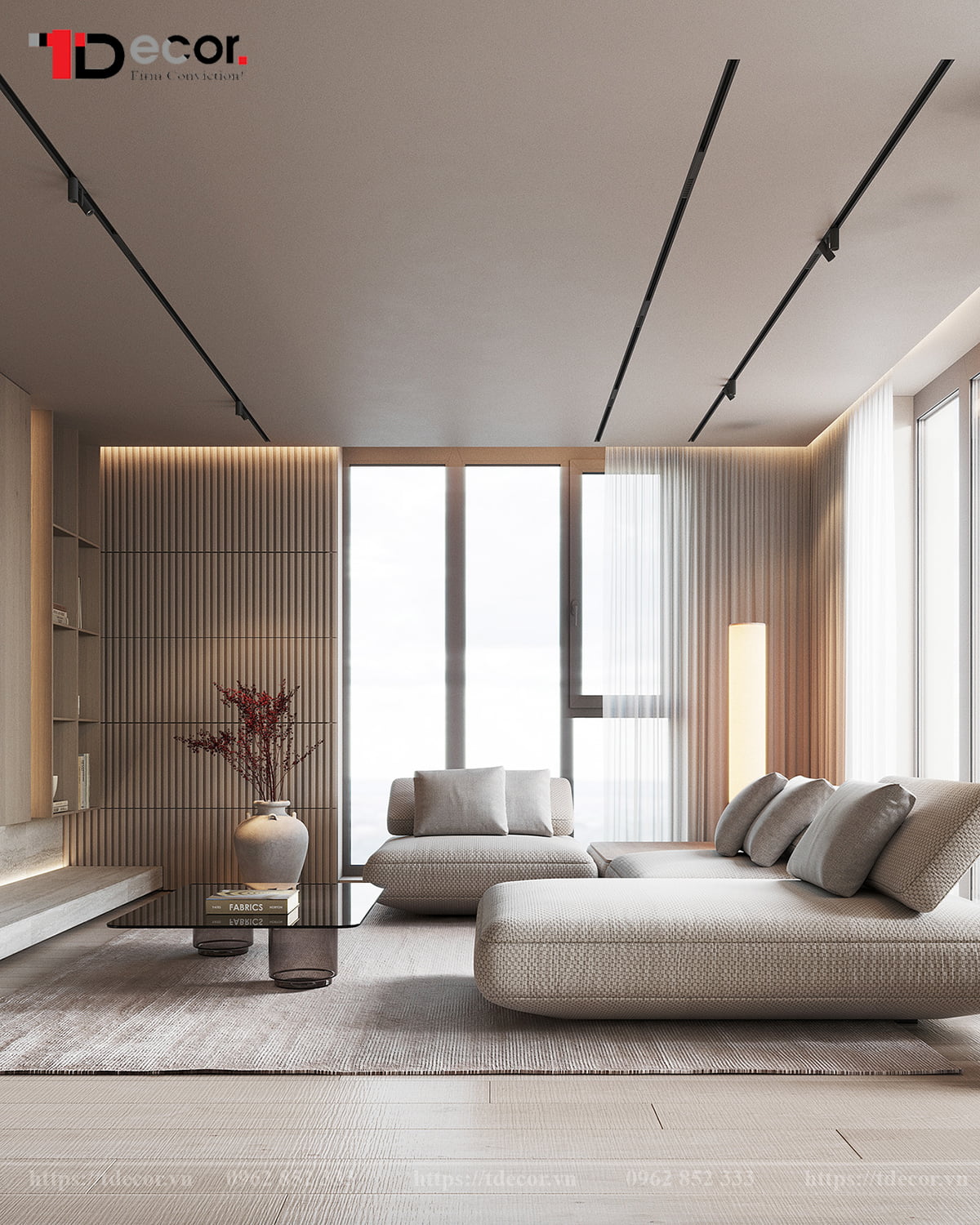 Thiết kế nội thất phòng khách 20m2 phong cách tối giản 