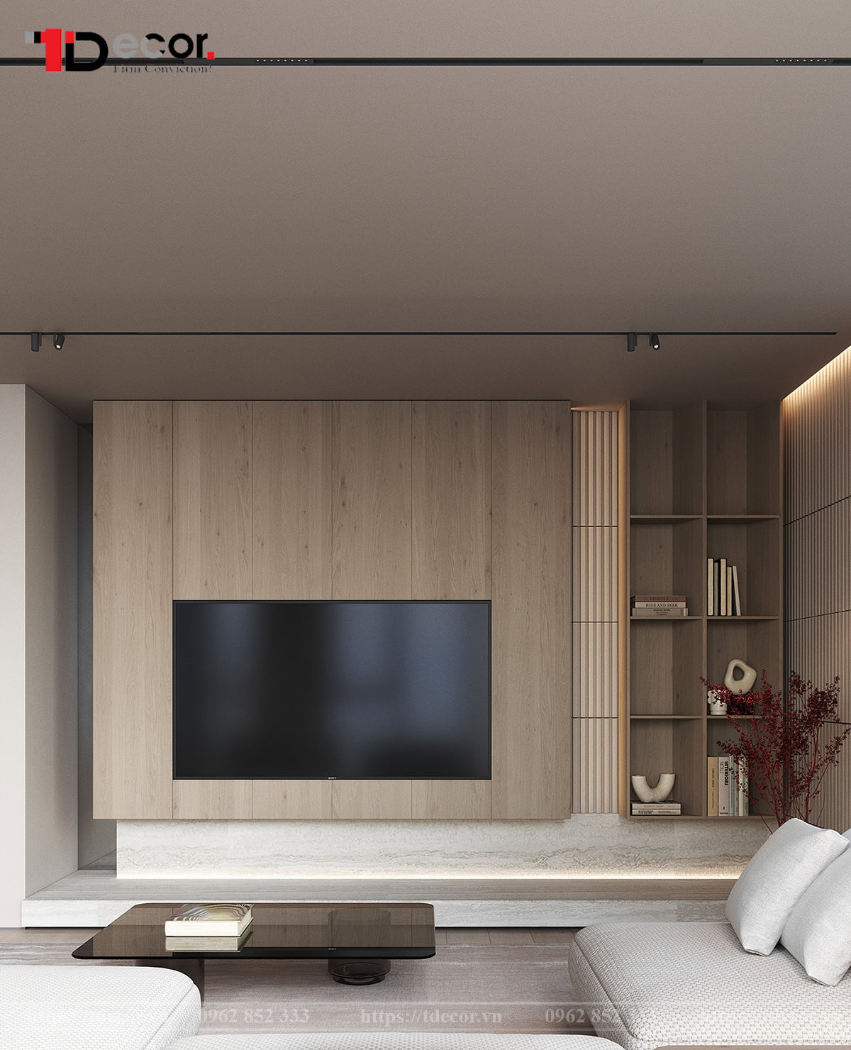 Thiết kế nội thất phòng khách 20m2 phong cách tối giản 