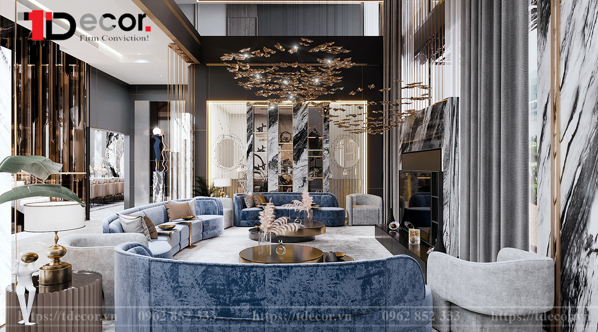 Thiết kế nội thất phòng khách 50m2 hiện đại, luxury