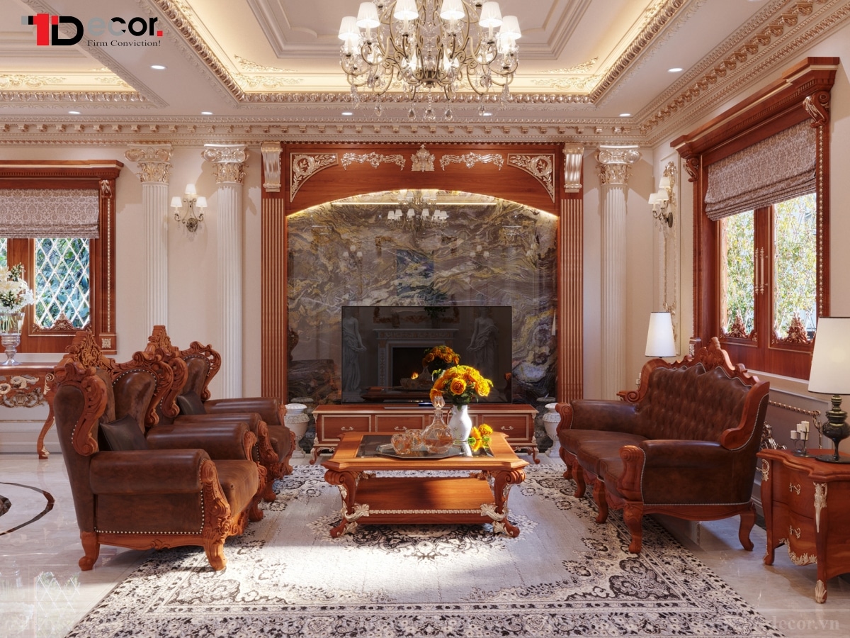 Không gian phòng khách phòng khách sang trọng và đẳng cấp với chi tiết ốp gỗ 