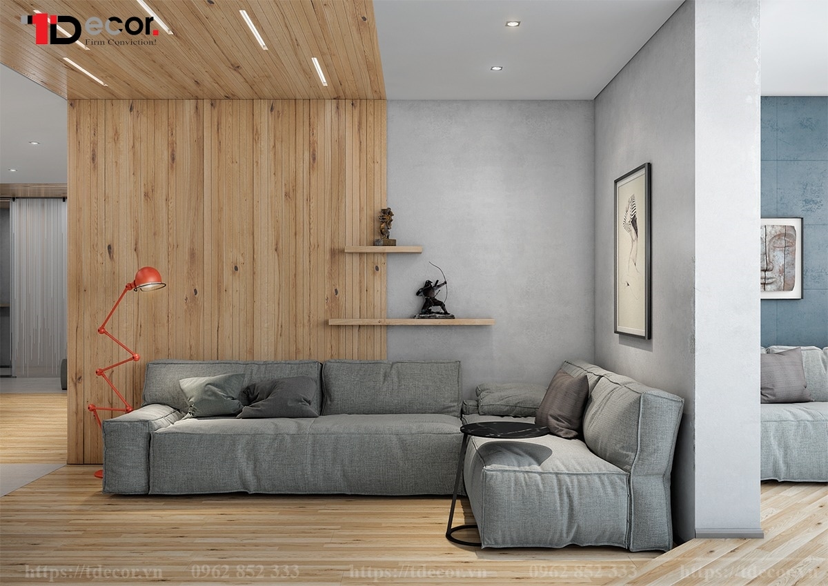 Phòng khách tối giản với vách ốp gỗ trang trí 